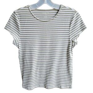 American Eagle AE Fitted Soft White & Sage Green Short Sleeve Striped Top Size L